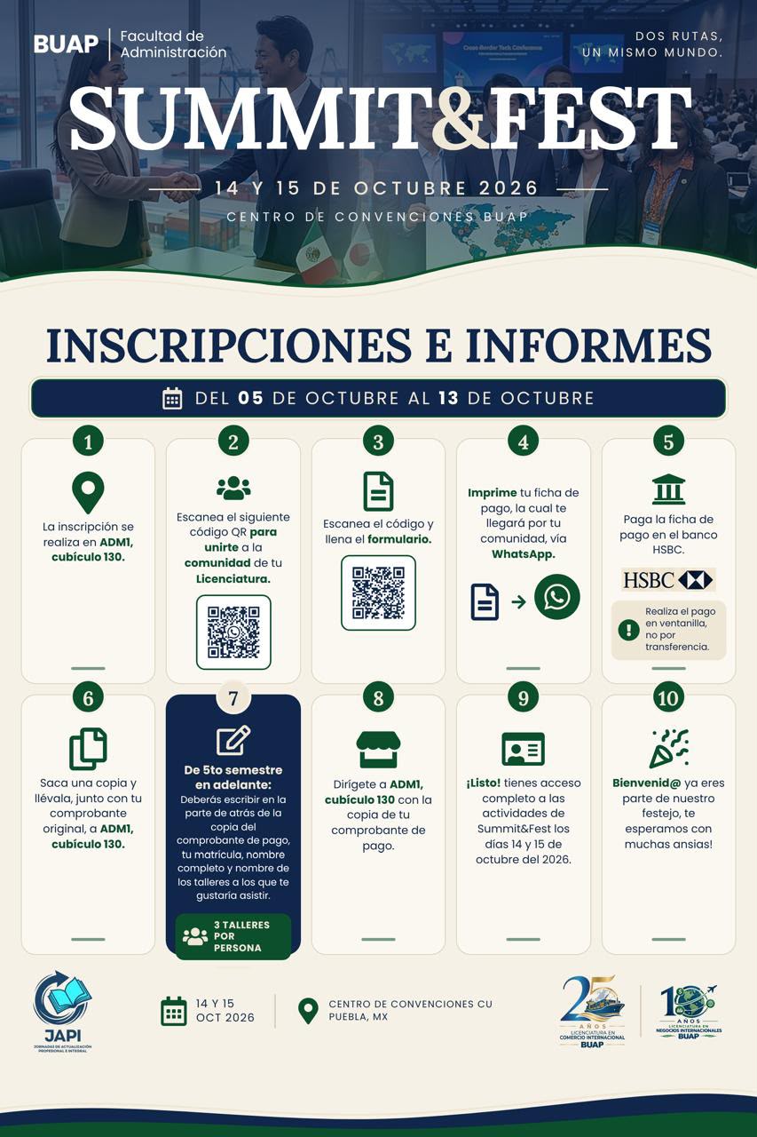 Infografía de inscripciones e informes: pasos para inscribirse del 5 al 13 de octubre en ADM1, cubículo 130