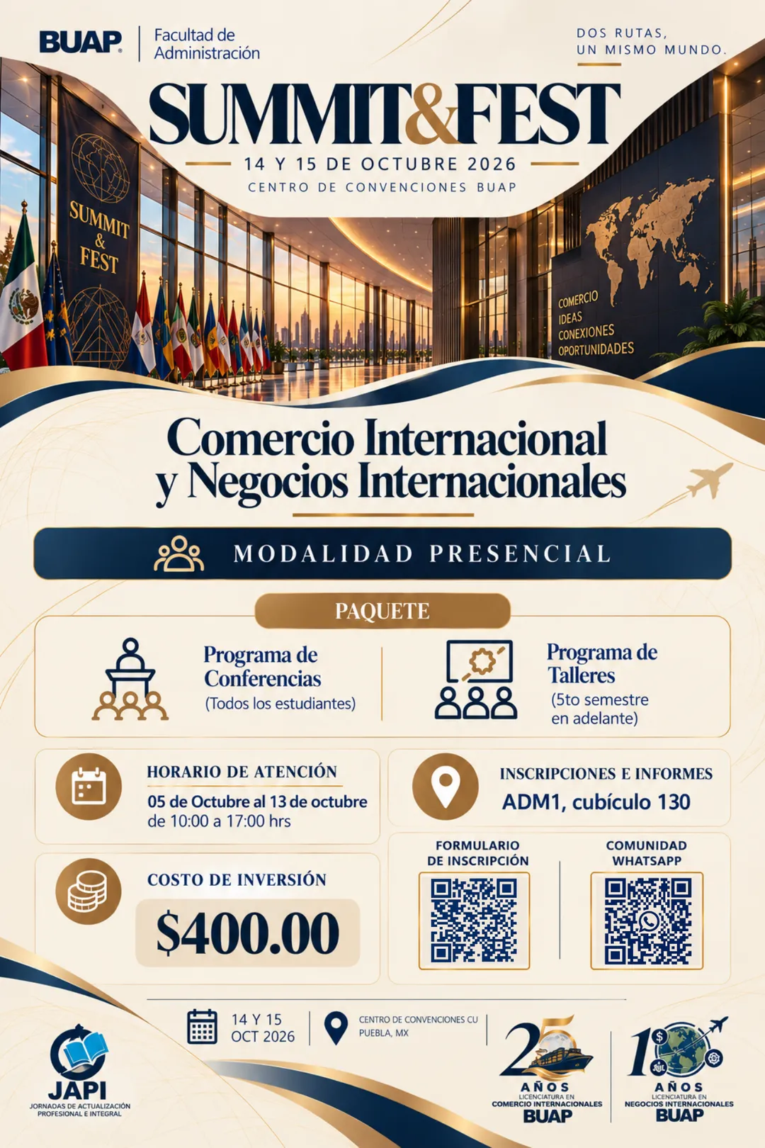 Infografía del paquete: conferencias para todos y talleres de 5.º semestre en adelante, modalidad presencial, costo de 400 pesos